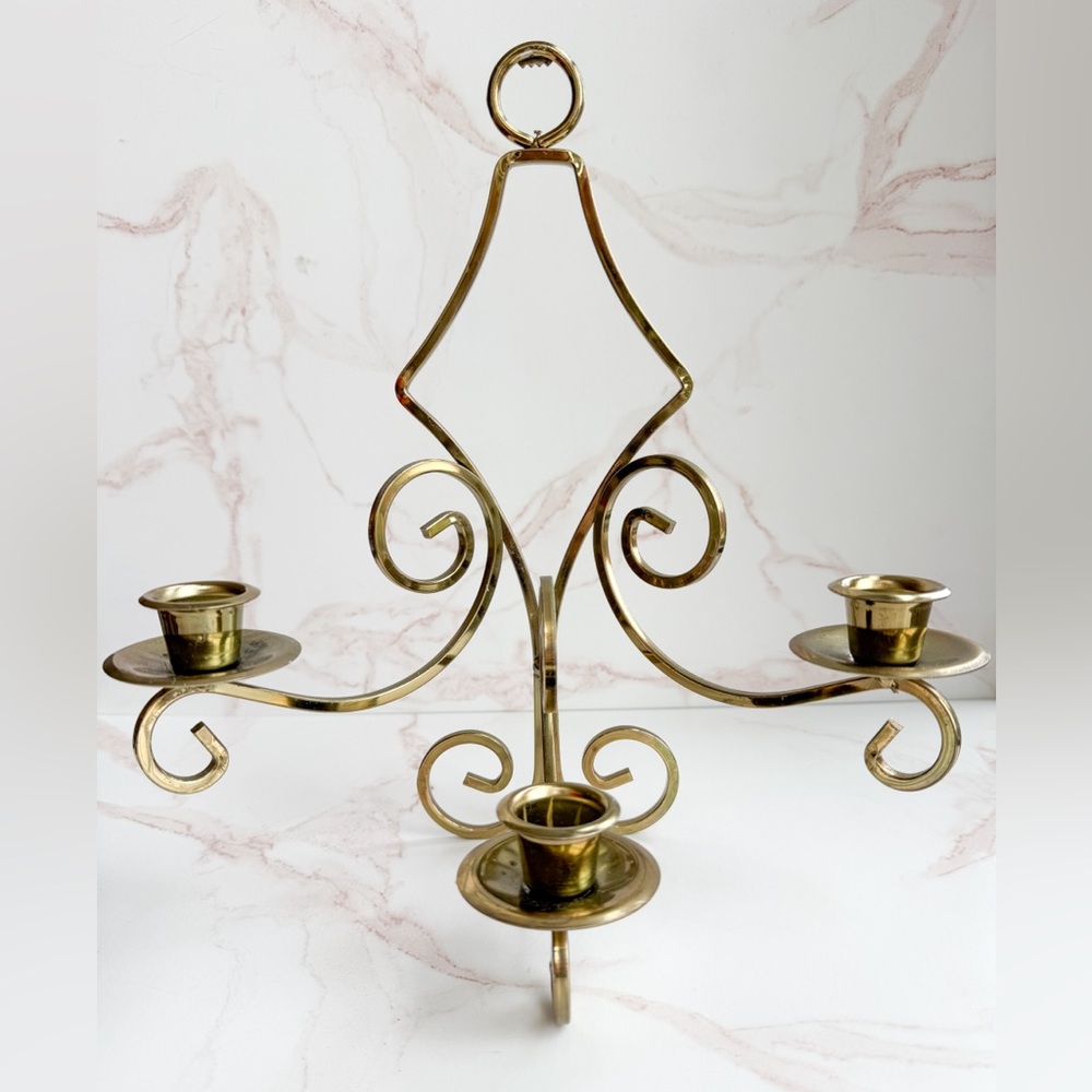 Vintage Gold Tone Metal 3-Arm Scrollwork Wall Sconce (Wall or Standing Decor)